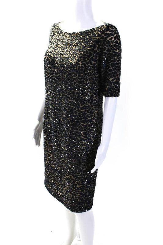 Michael Kors Collection Womens Short Sleeve Mesh Sequin Dress Brown Navy