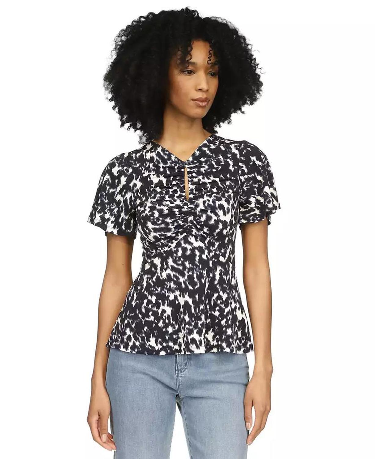 Women's Printed Flutter-Sleeve Keyhole Top