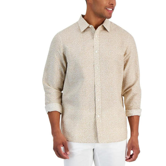 Mens Printed Linen Button-Down Shirt