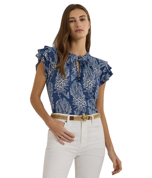 Floral Linen-Blend Jersey Tie-Neck Top