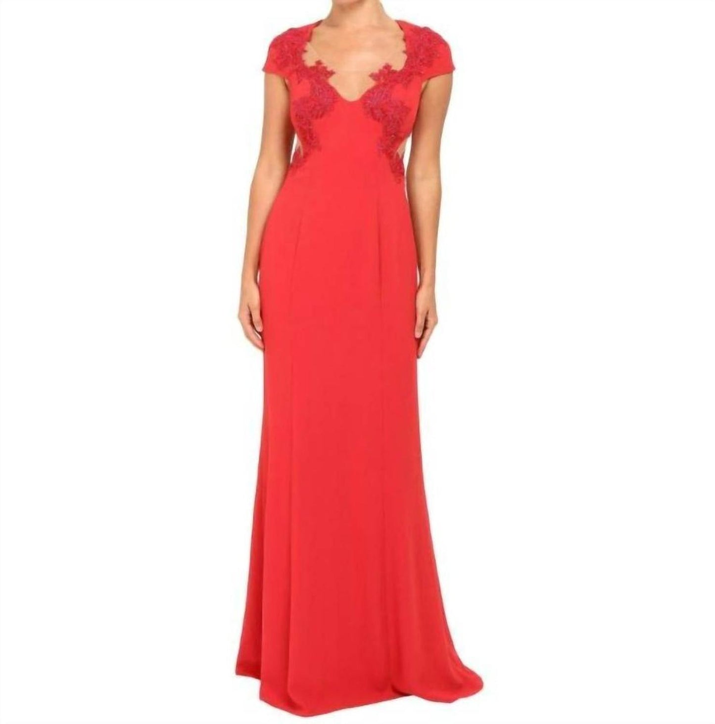 Crepe Flare Embellished Lace Illusion Dress In Red