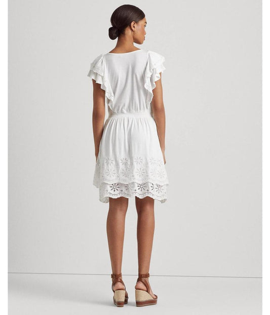 Petite Eyelet-Embroidered Jersey Tie Neck Dress