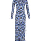 Michael Kors Printed Stretch Maxi Dress with Slit in Blue Polyester