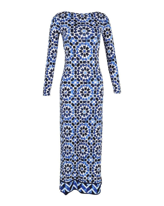 Michael Kors Printed Stretch Maxi Dress with Slit in Blue Polyester