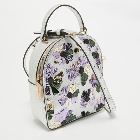 Silver Leather Mini Amelia Floral Convertible Backpack