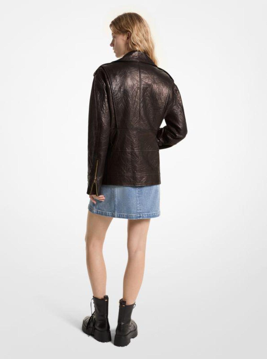 Oversized Crinkled Leather Moto Jacket