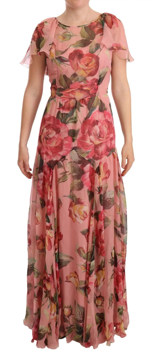 Dolce & Gabbana Pink Silk Floral Print Layered Maxi Dress