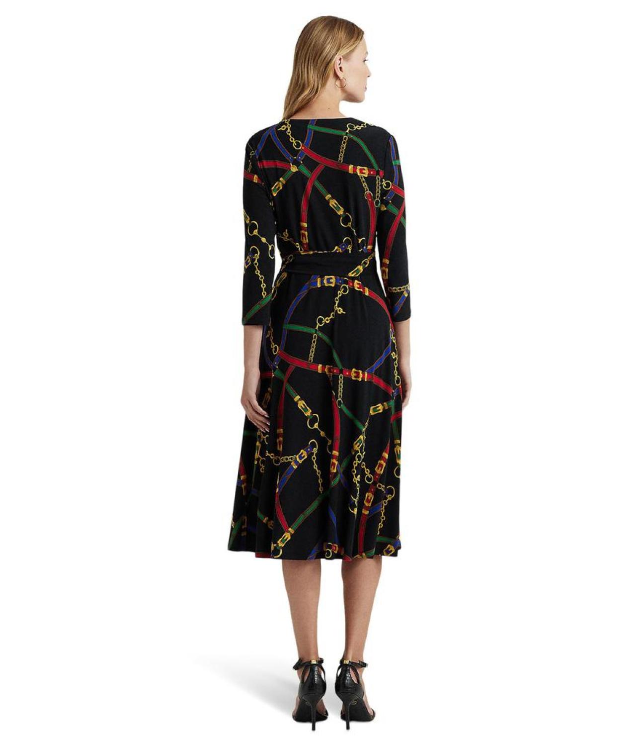 Belting-Print Surplice Jersey Dress