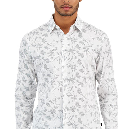 Men's Slim-Fit Stretch Dotted Botanical-Print Button-Down Shirt