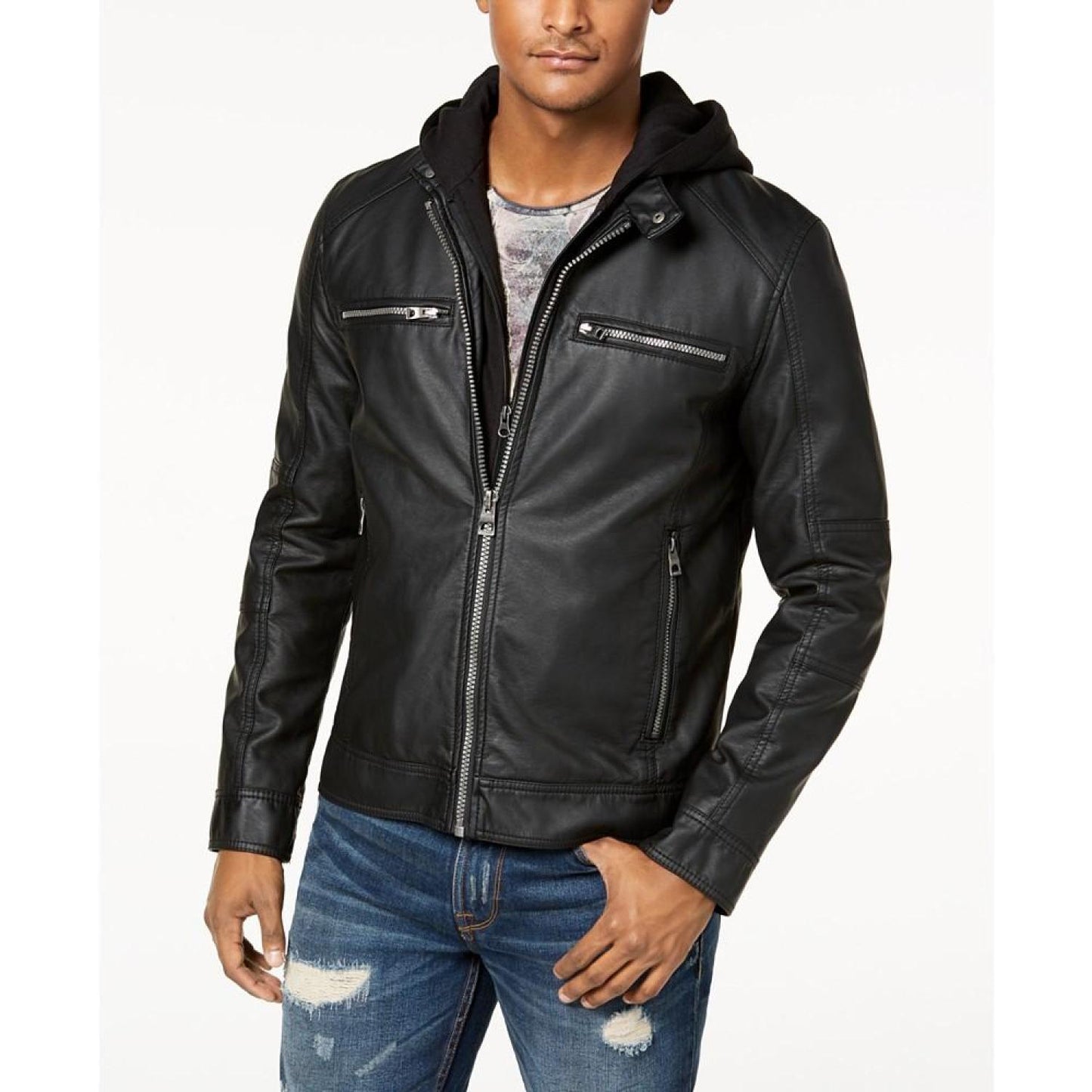 Men's Faux-Leather Detachable-Hood Motorcycle Jacket