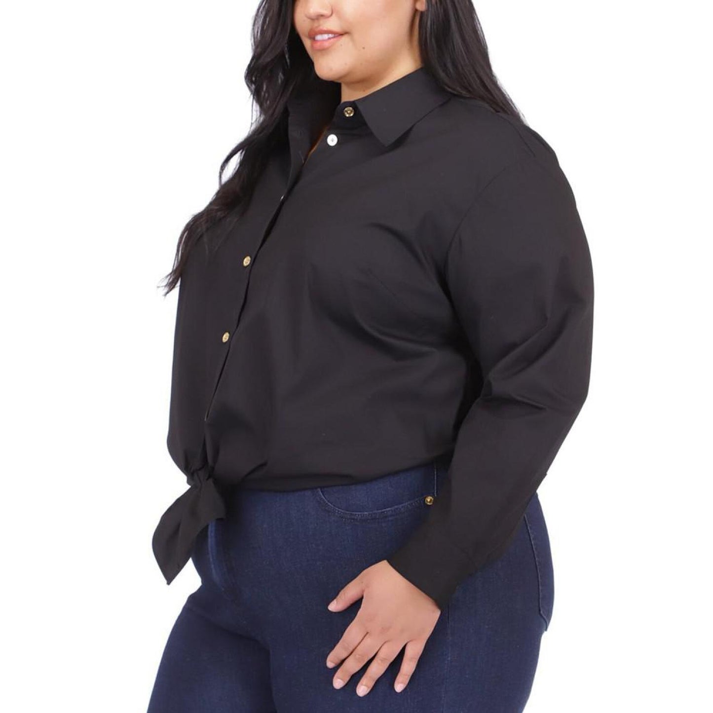 Plus Size Tie-Waist Cotton Button-Up Shirt