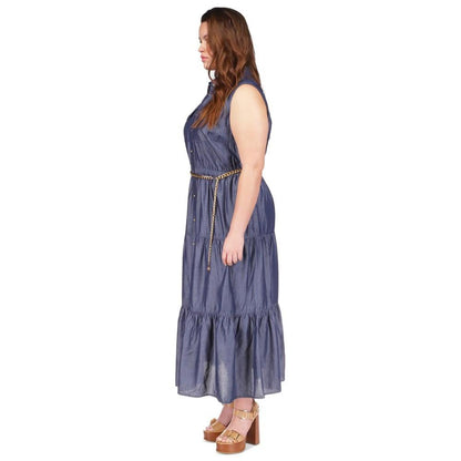 Plus Size Chain-Belt Tiered Shirtdress