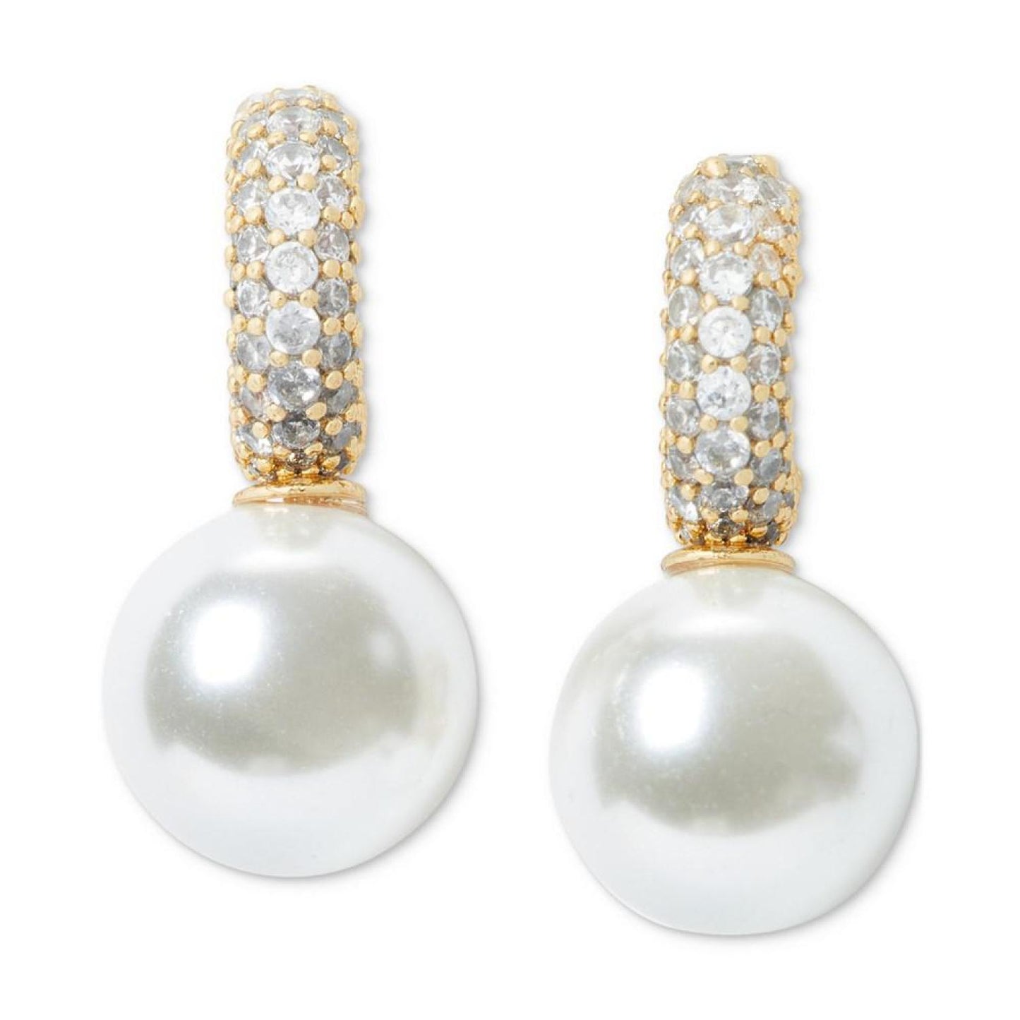 Gold-Tone Imitation Pearl Charm Pavé Huggie Hoop Earrings