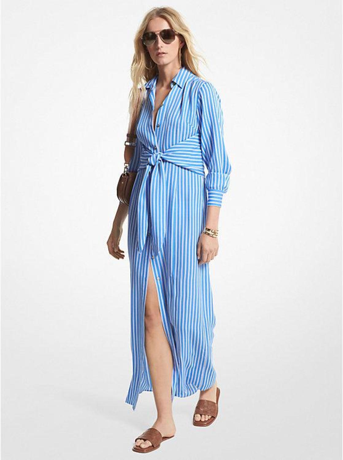 Striped Georgette Tie-Front Shirtdress