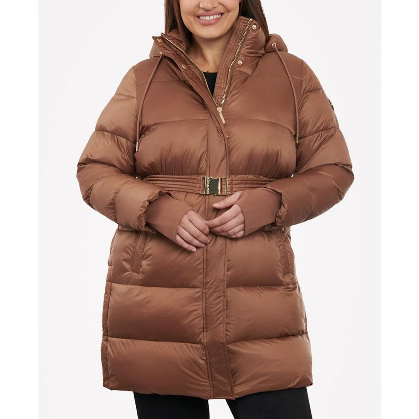 Women's Plus Size Hooded Belted Puffer Coat, Created for Macy's