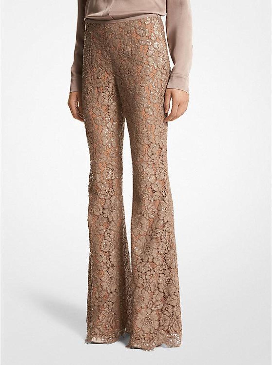 Hand-Embroidered Sequin Floral Lace Flared Pants