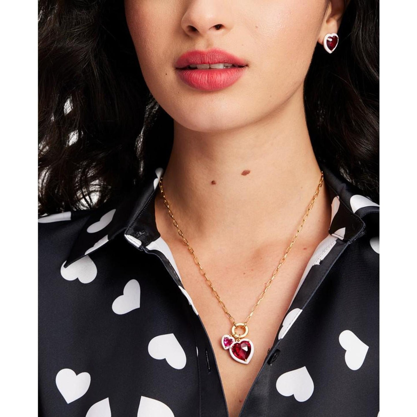 Gold-Tone White-Framed Red Crystal Heart Multi-Charm Pendant Necklace, 16" + 3" extender