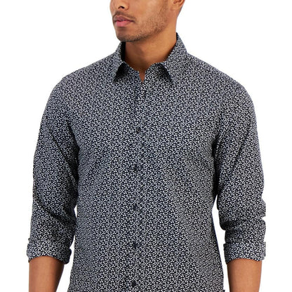 Men's Slim-Fit Stretch Broken Geometric Floral-Print Button-Down Shirt