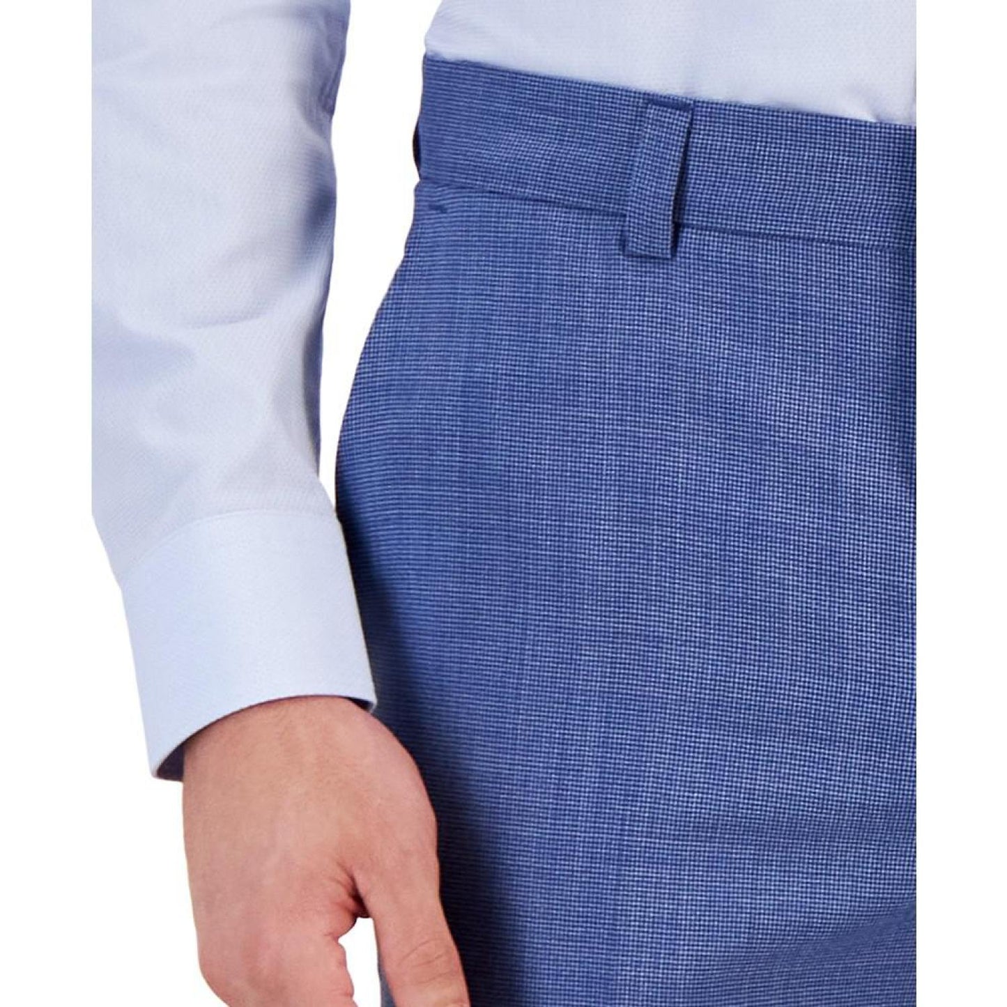 Men's Modern-Fit Stretch Mid Blue Micro-Houndstooth Wool Suit Pants