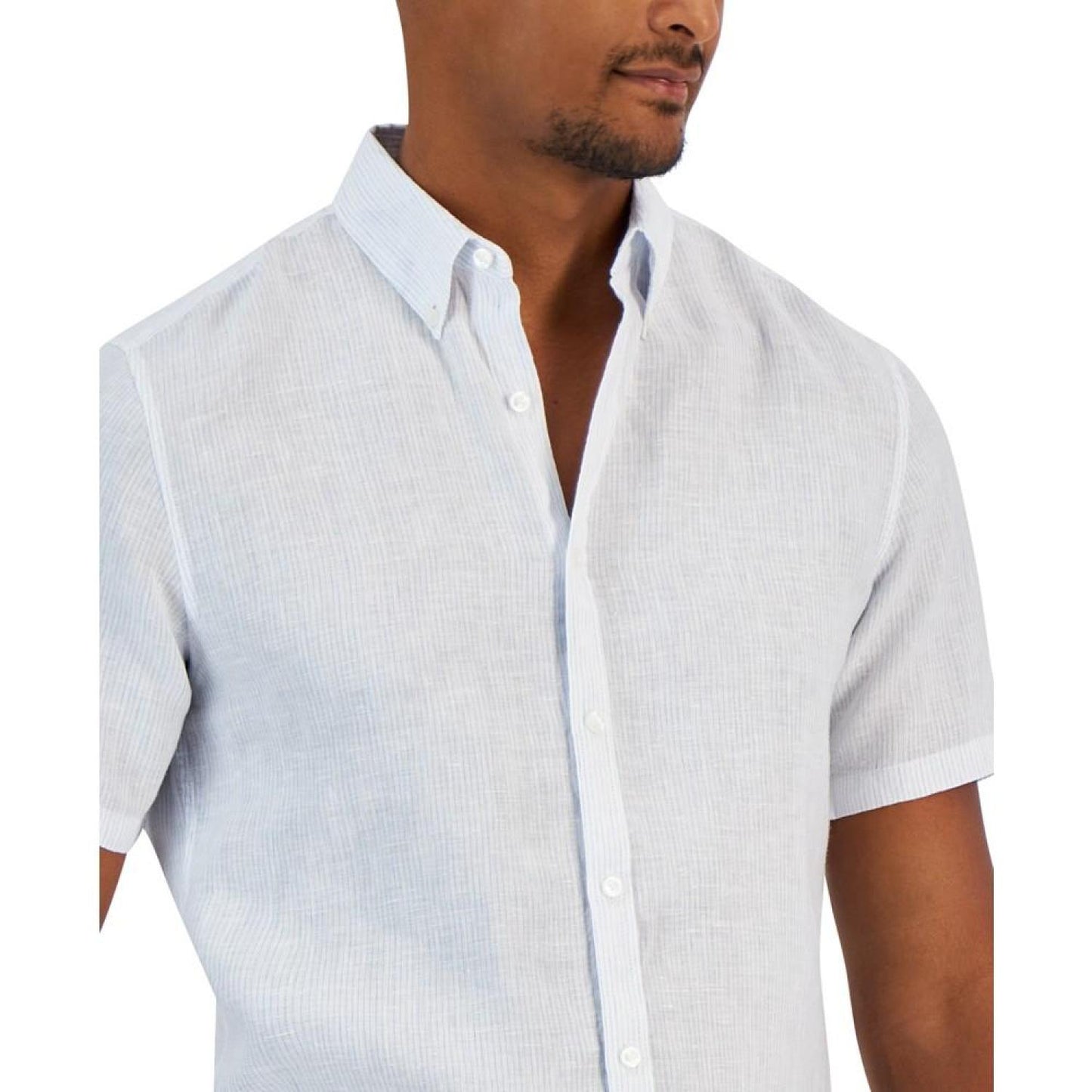 Men's Slim-Fit Button-Down Short Sleeve Striped Linen Shirt