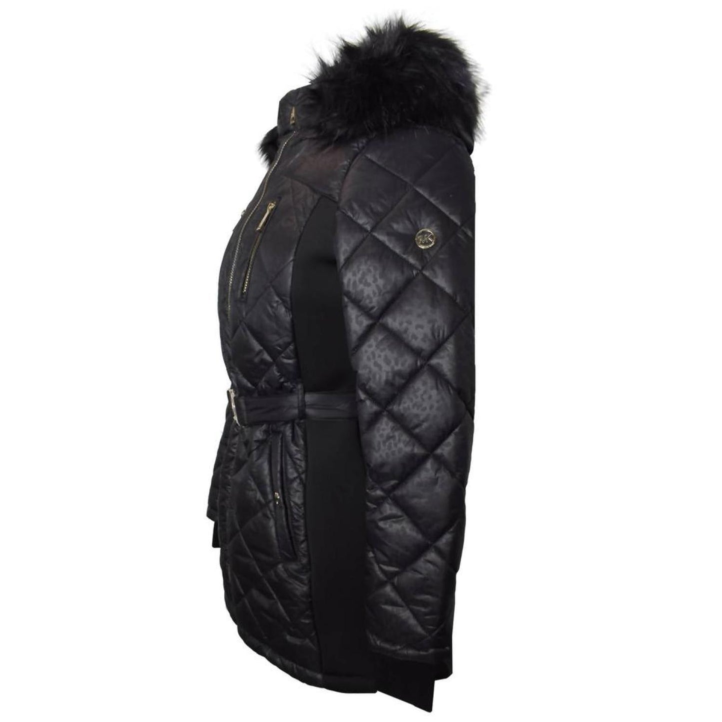 Women's Scuba Stretch Belted Faux Fur Hood Quilted Coat In Black