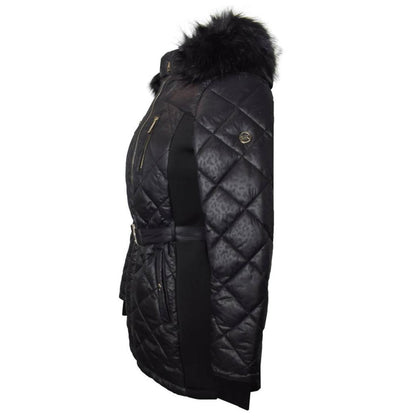 Women's Scuba Stretch Belted Faux Fur Hood Quilted Coat In Black