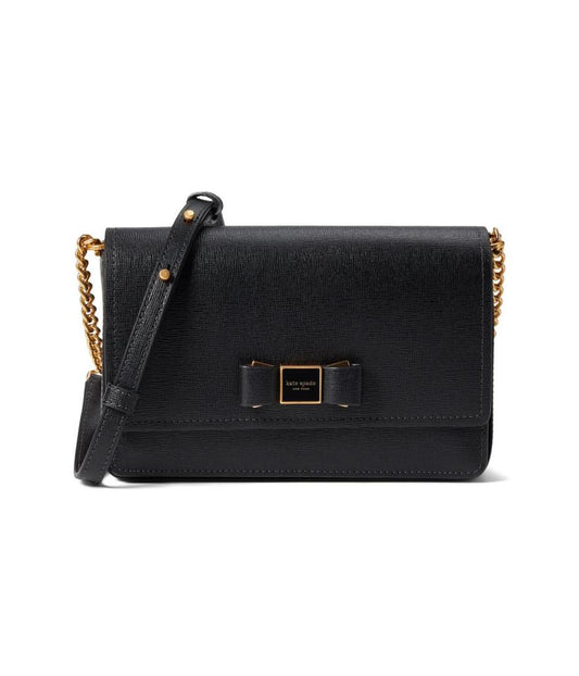 Morgan Bow Embellished Saffiano Leather Flap Chain Wallet