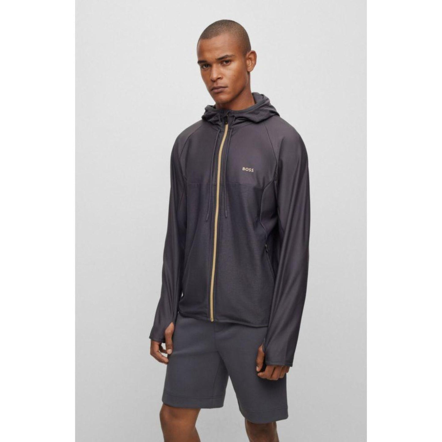 Active-stretch zip-up hoodie with decorative reflective pattern