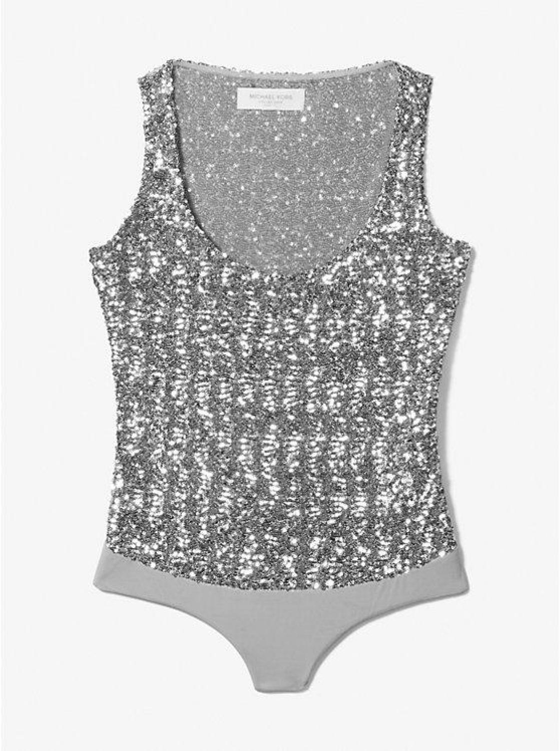 Sequined Stretch Tulle Scoop-Neck Bodysuit