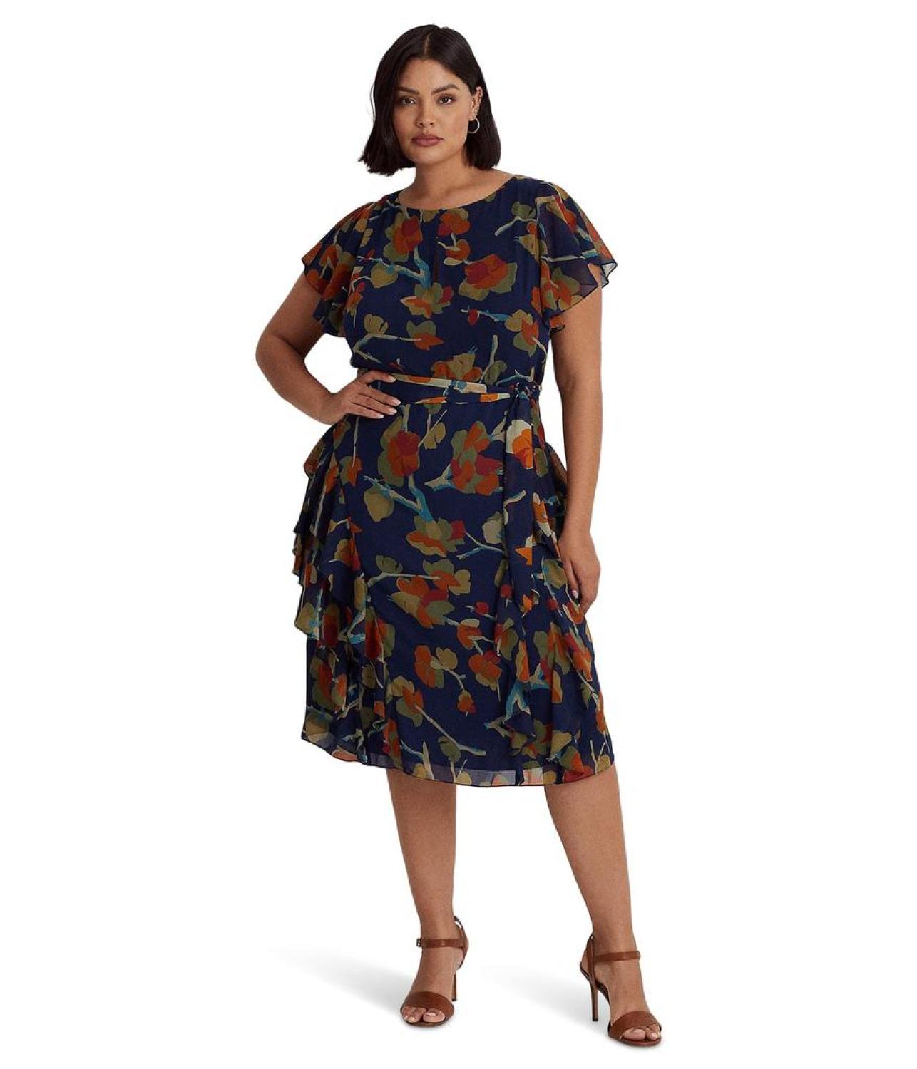 Plus Size Floral Ruffle-Trim Georgette Dress