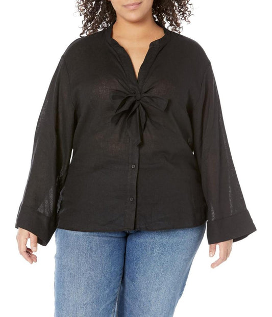 Plus Size Solid Long Sleeve Tie Blouse