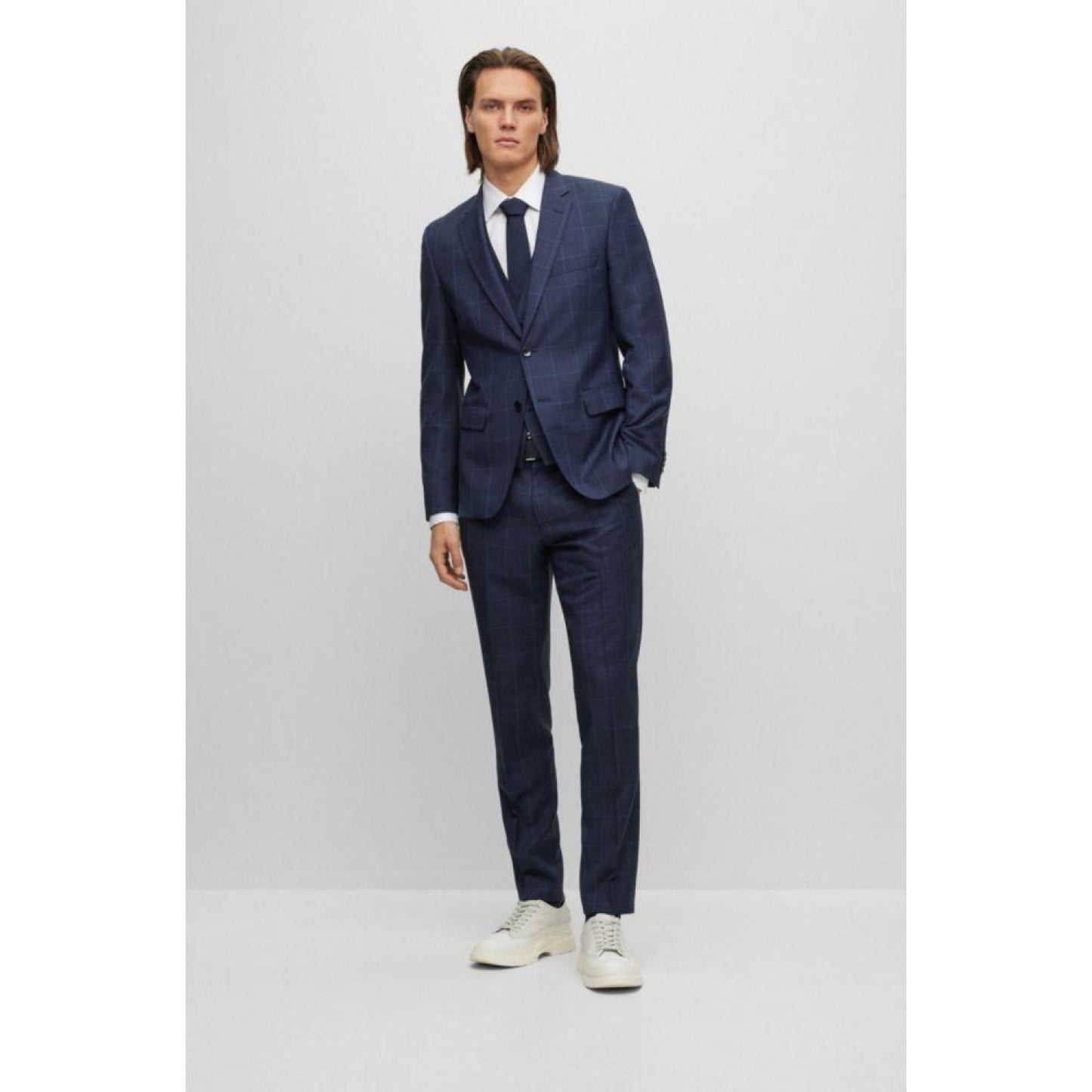 Three-piece slim-fit suit in checked virgin wool