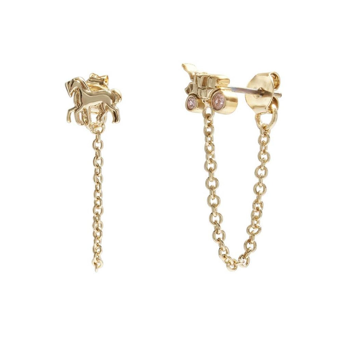 Gold Iconic Charm Mismatched Swag Horse and Carriage Motif Earrings