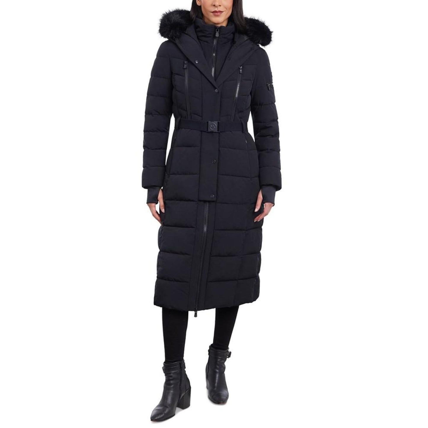 Women's Belted Faux-Fur-Trim Hooded Maxi Puffer Coat