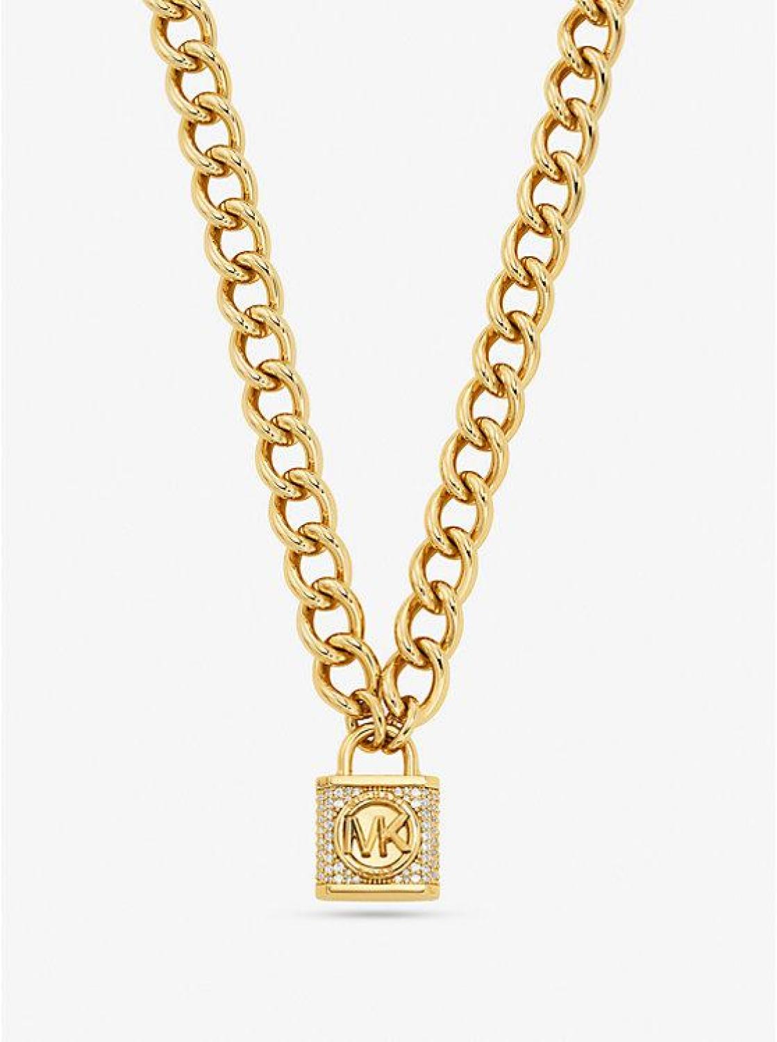 Precious Metal-Plated Brass Pavé Lock Necklace