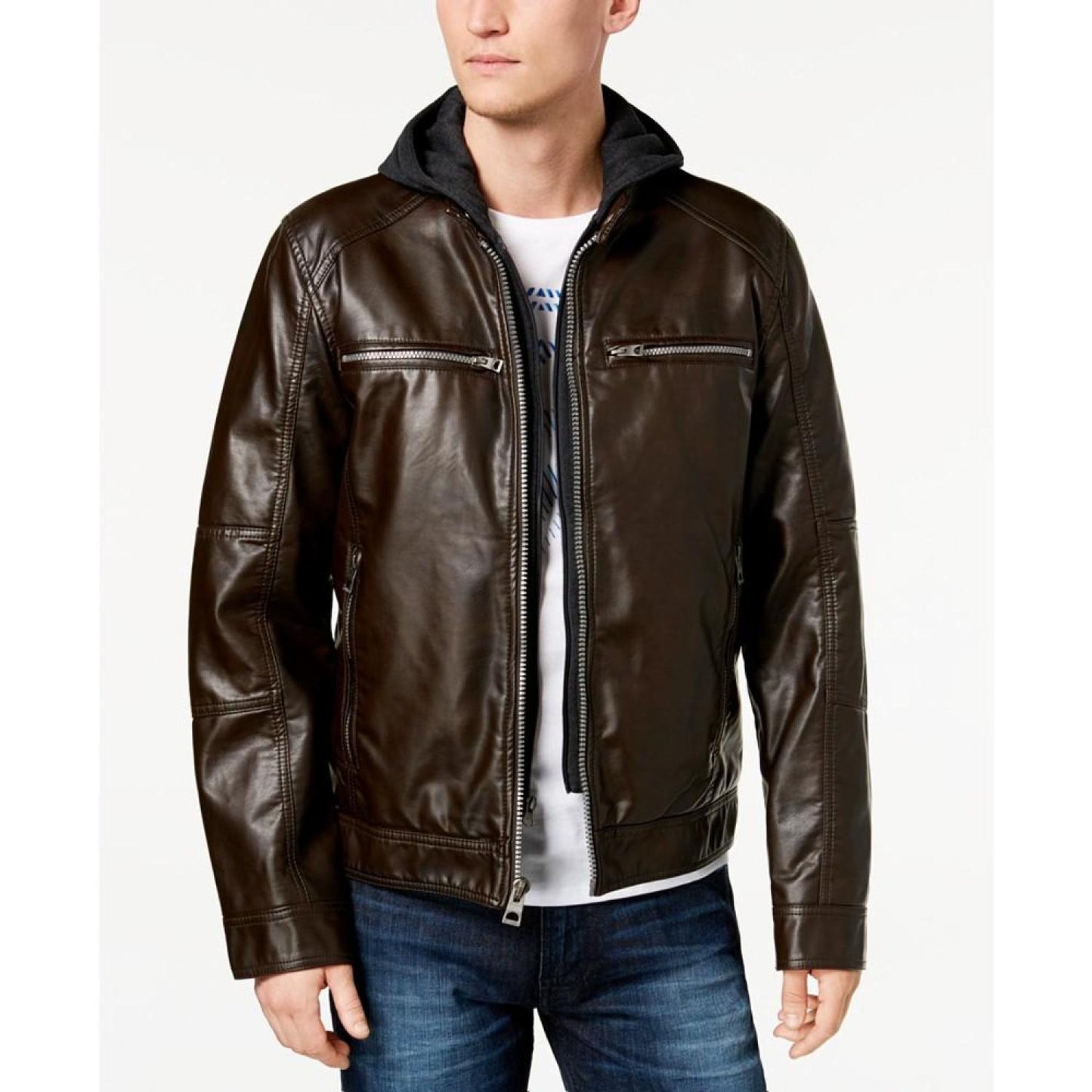 Men's Faux-Leather Detachable-Hood Motorcycle Jacket