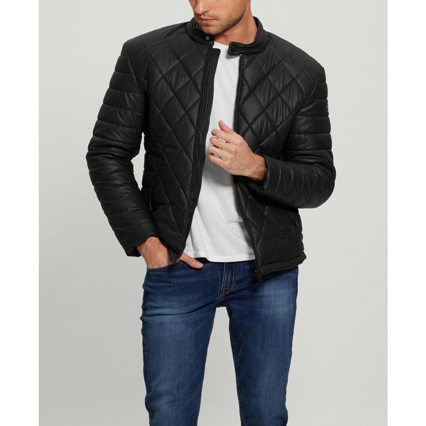 Men's Stretch Faux Leather Biker Collar Jacket