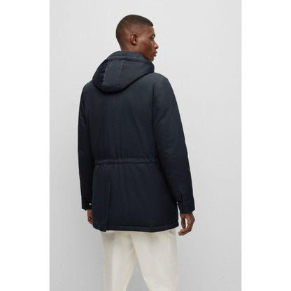 Down-filled hooded jacket with logo patch