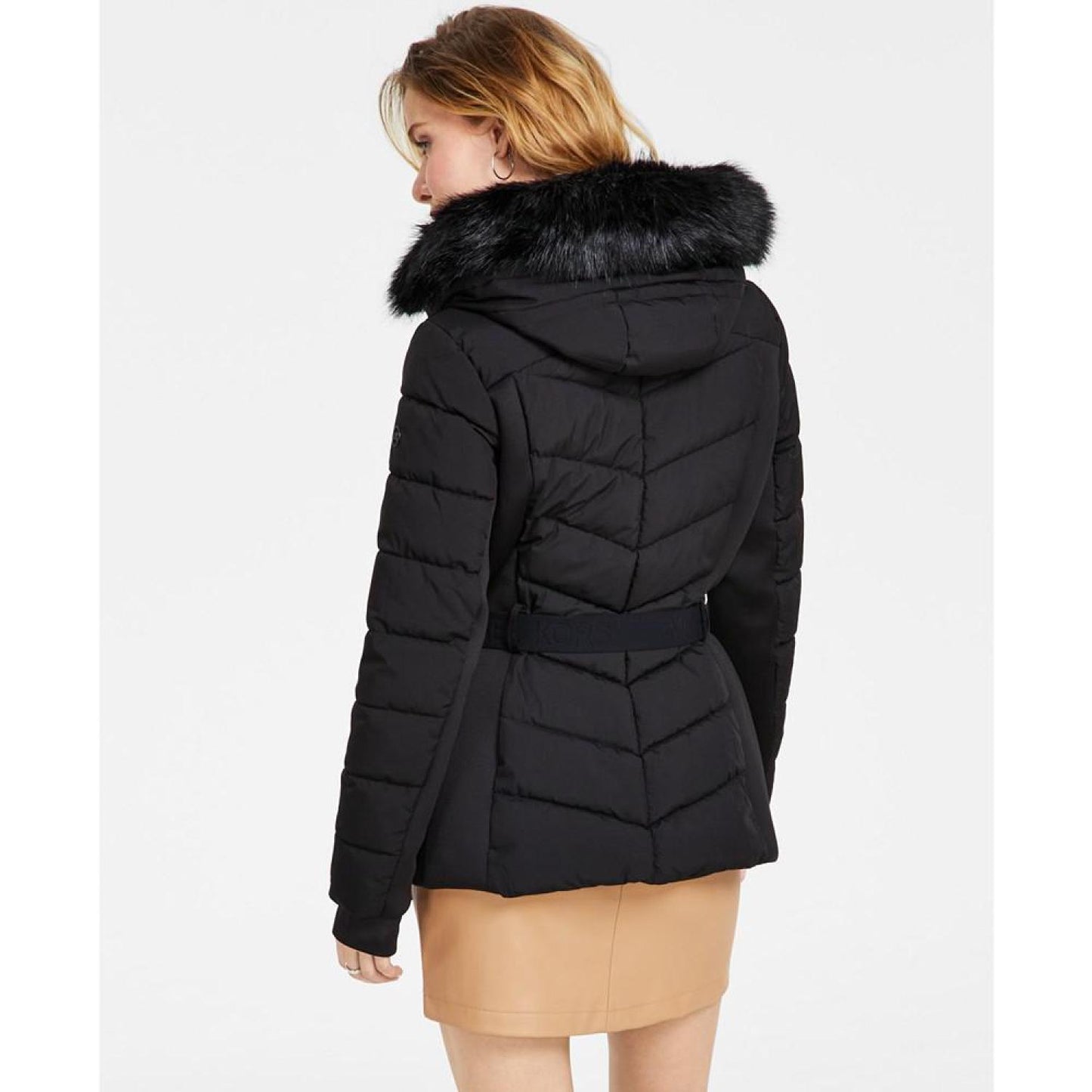 Women's Belted Faux-Fur-Trim Hooded Puffer Coat