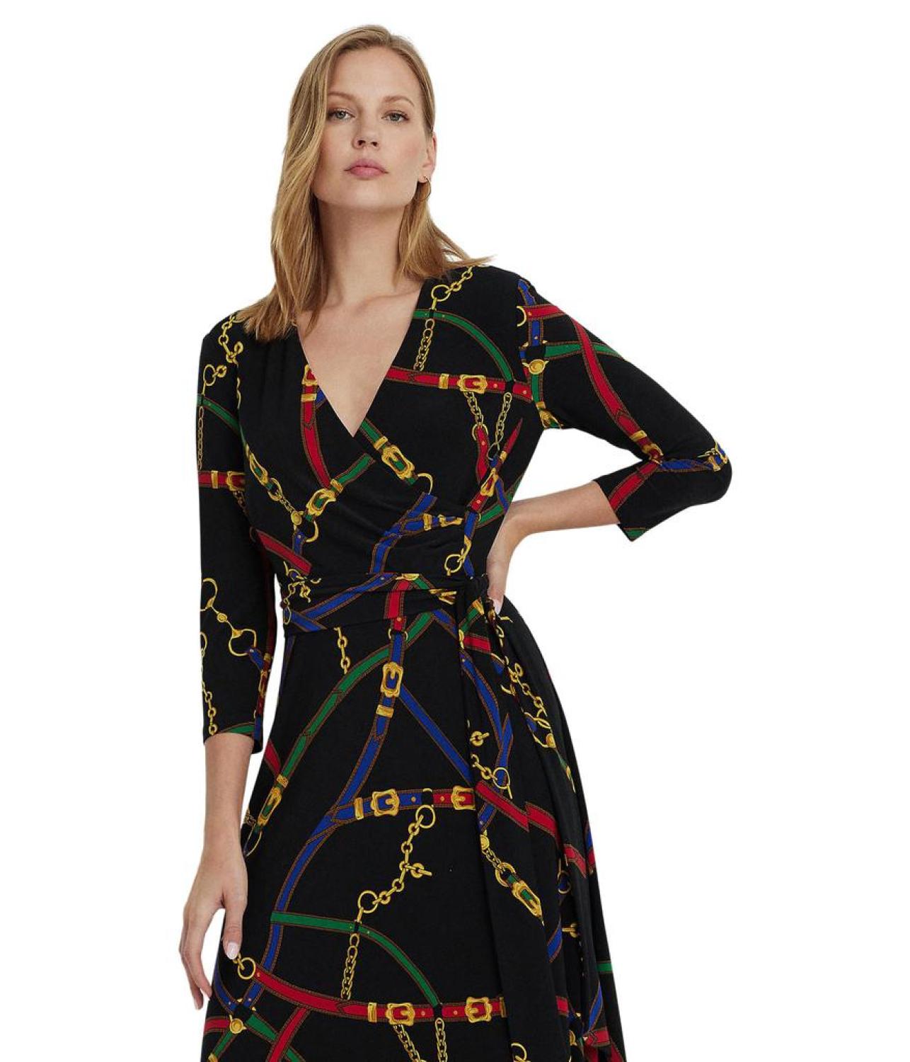 Belting-Print Surplice Jersey Dress