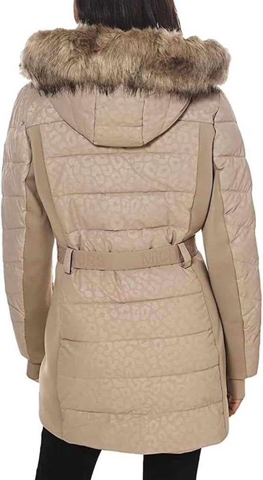 Logo Leopard Belted Hood Puffer Coat In Taupe