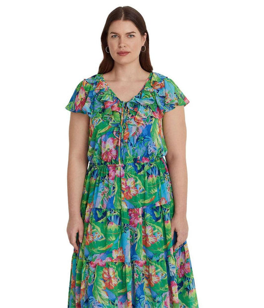 Plus Size Floral Crinkle Georgette Tiered Dress