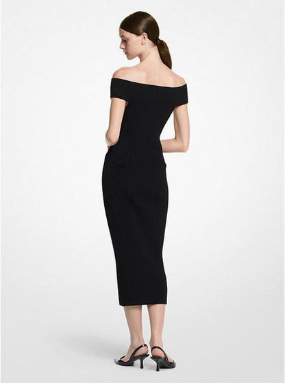 Ribbed Stretch Viscose Off-The-Shoulder Dress