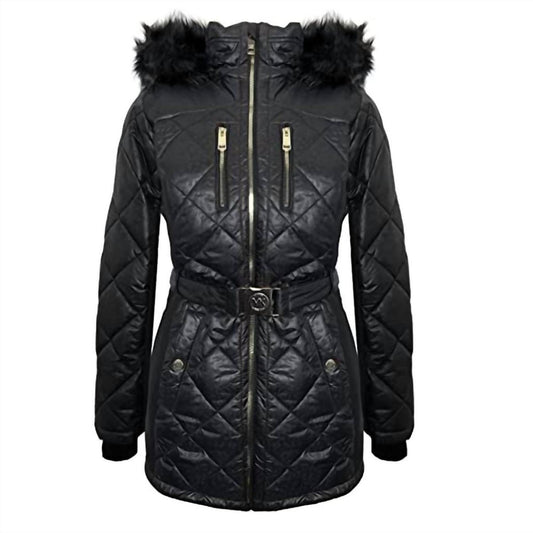 Women's Scuba Stretch Belted Faux Fur Hood Quilted Coat In Black