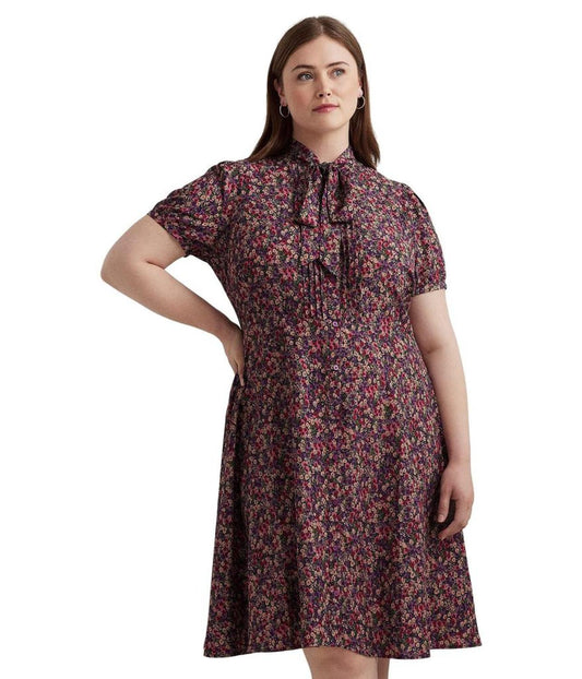 Plus Size Floral Crepe Tie Neck Shirtdress