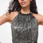 Leather Trim Sequined Tulle Dress