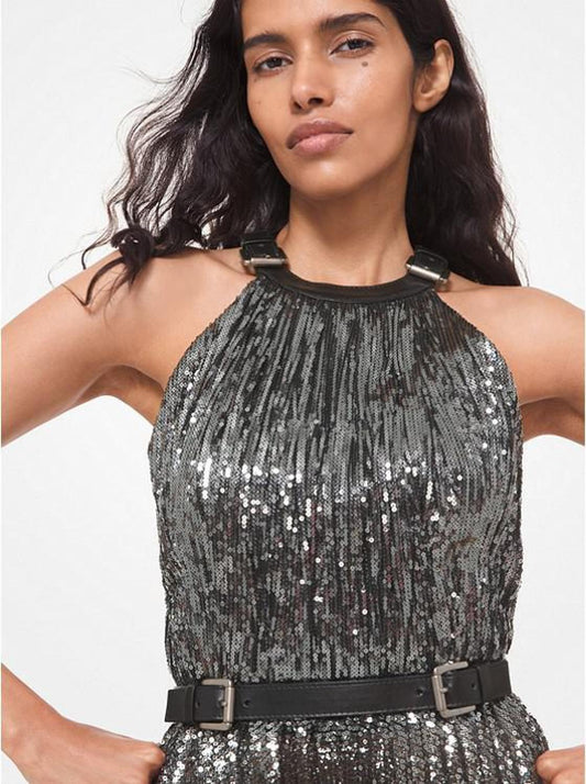 Leather Trim Sequined Tulle Dress