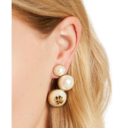 Gold-Tone Spade Flower Emblem Imitation Pearl Drop Earrings