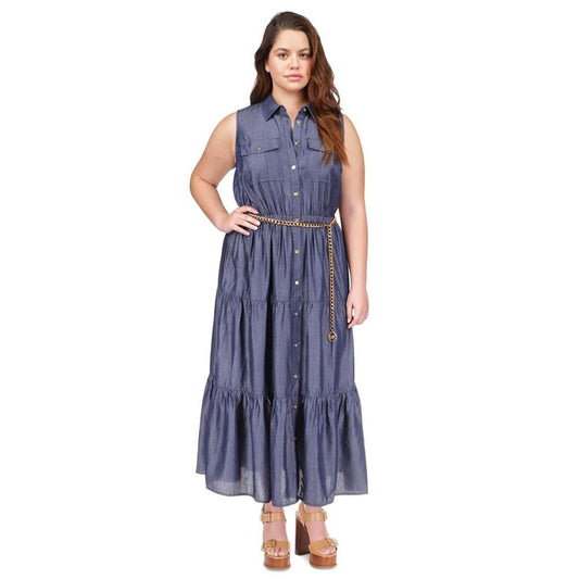 Plus Size Chain-Belt Tiered Shirtdress