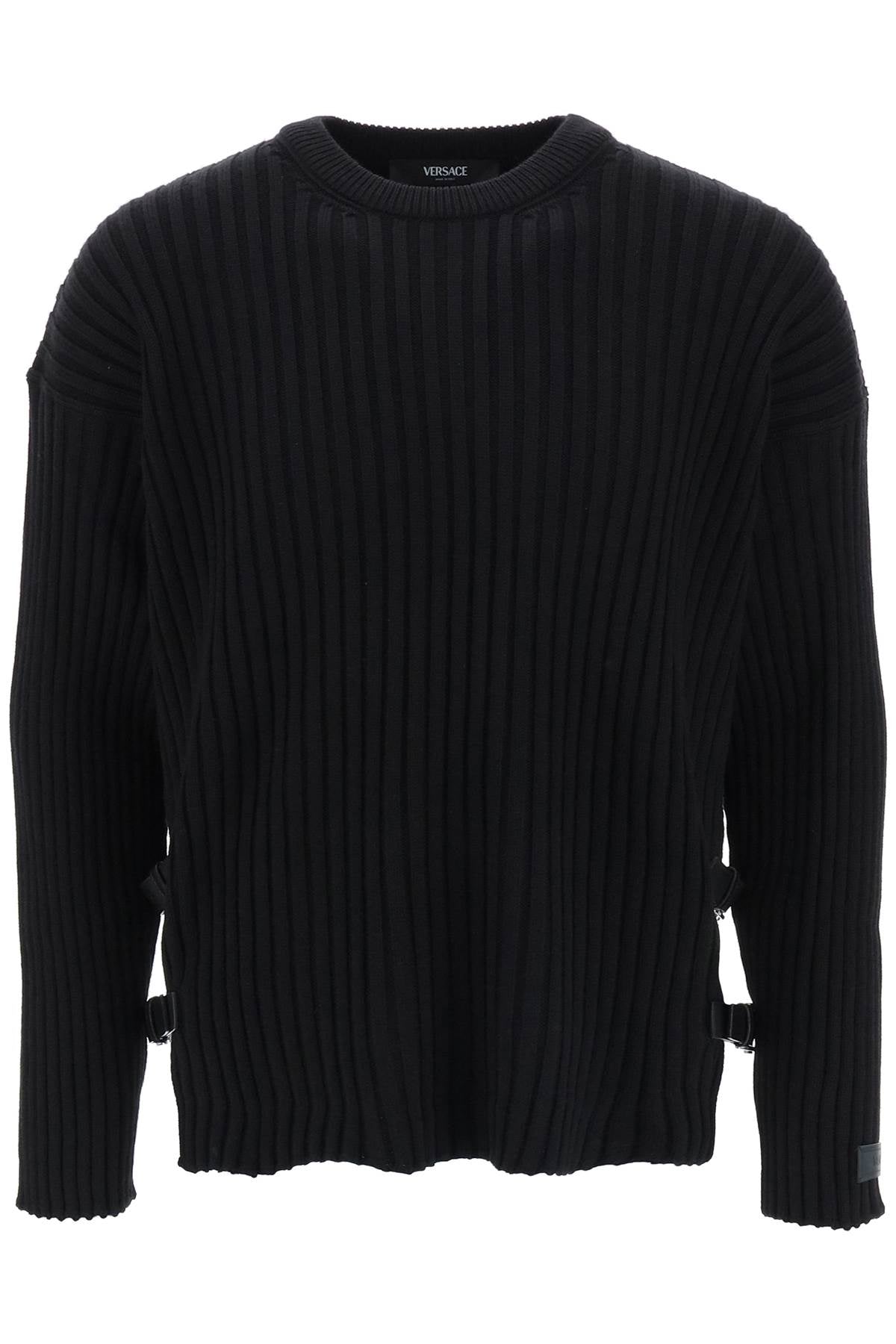 Versace ribbed-knit sweater with leather straps